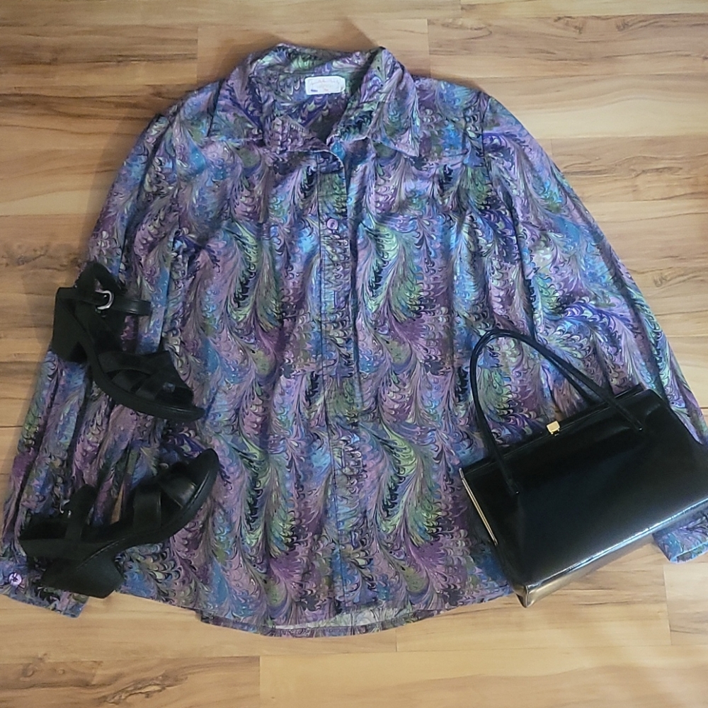 Vintage 70s Psychedelic Marble Print Leisure Shirt Large Retro Indie Hippi Boho